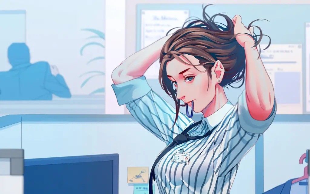 An anime girl in office tying her hair as she prepares to work