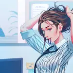 An anime girl in office tying her hair as she prepares to work